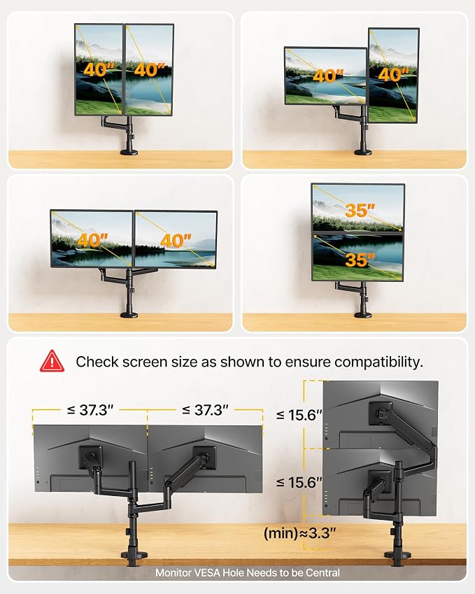 monTEK Dual Monitor Arm, Vertical Stackable 17–40" Full Motion，Black | Vertical Stackable Mechanical Spring For 17–40"Ultrawide Monitor, Hold Up To 26.4 Lbs Each, Compatible With 75/100 VESA Mount - Image 3