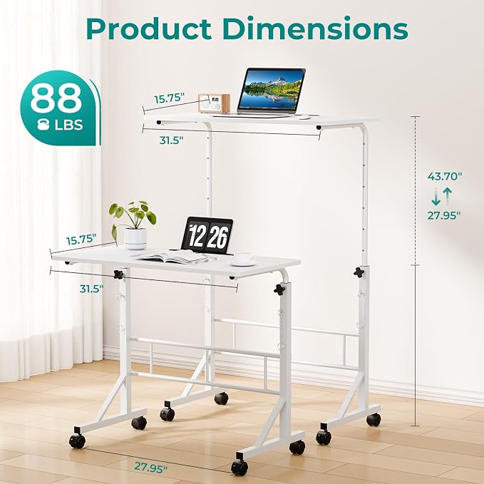OLIXIS 31.5" Walking Pad Desk, Laptop Desk, Home Office | Lockable Wheels, Adjustable Height, Portable Rolling Design, Treadmill Use, Stand Up Style, White - Image 3