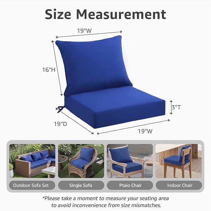 PatioGlow Outdoor Seat Cushion Set 19 x 19 x 3 Inch, Waterproof & Fade Resistant Patio Furniture Cushions with Removable Cover and Ties, Thick Deep Seating Pads for Outside Chair Sofa Couch, Blue - Image 3