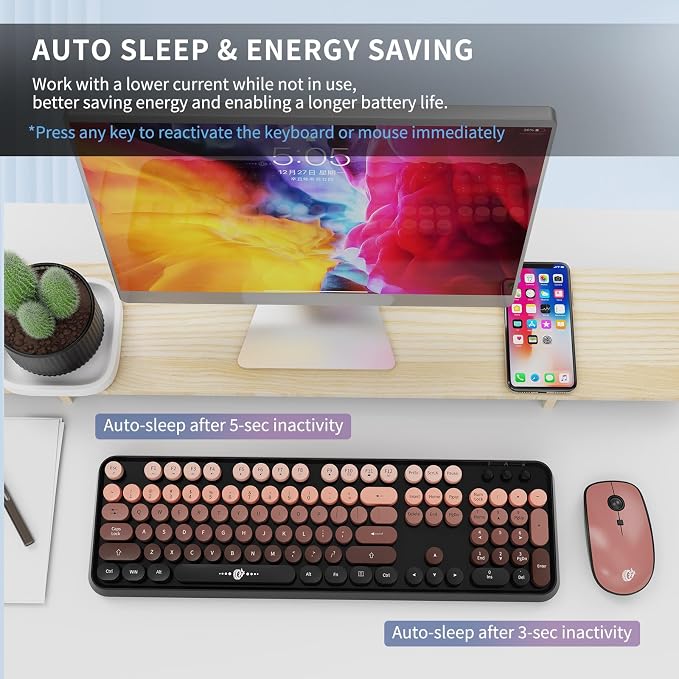 Wireless Keyboard and Mouse Combo - 2.4G Full-Sized Cute Colorful Mouse and Keyboard with 104 Round Keys Retro Typewriter Keyboard for Laptop/Windows/PC - Black Gradient - Image 5