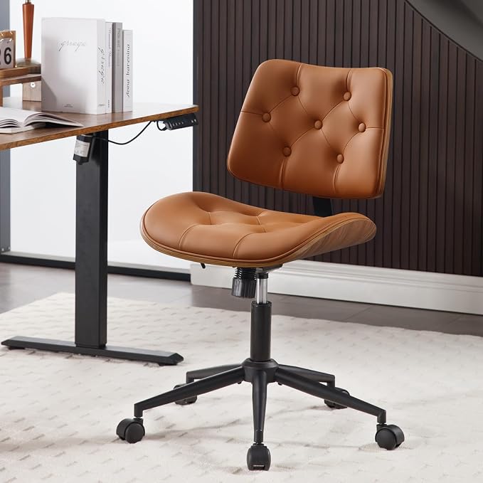 Armless Home Office Chair in Button Style, PU Leather Small, Brown | PU Leather Adjustable Height Computer Desk Chair, 360 Swivel Small No Arms Office Seat, Walnut Design Stool, 300LBS Cap by BERYTH