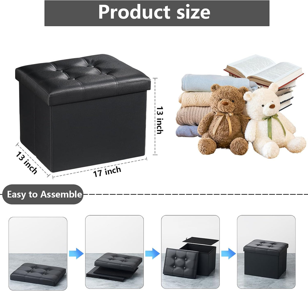 AmasSmile Ottoman with Storage,17" Folding Leather Foot Rest Chest,Black - Image 3