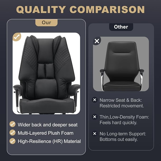 EXCEBET Big and Tall Office Chair 400lbs Wide Seat, Leather High Back Executive Office Chair with Foot Rest, Ergonomic Chairs Lumbar Support for Lower Back Pain Relief (Black) - Image 7