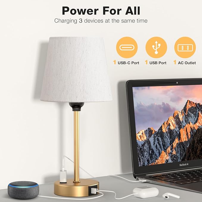 Gold Bedside Lamps Set 2 for Bedroom - Dimmable Touch, USB C+A, AC Outlet | 14.5" Mini Lamp, 3-Way Dimmable, LED Bulbs Included, Cream Barrel Fabric Lampshade, Nightstand Light for Guest Room, Kids - Image 3