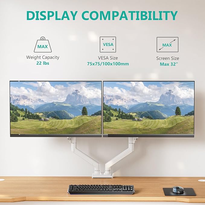 WALI Dual Monitor Stand, Adjustable Arm Monitor Mount for 2 Monitors up to 32 Inch,19.8lbs Capacity (GSMP002W), White by WALI - Image 2
