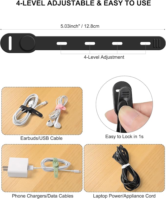 OneLeaf 16Pcs Adjustable Silicone Cable Ties, Reusable Cord Organizer for Desk Setup, PC, TV & Office Cubicle, Secure Soft Anti-Lost Cable Straps for Electronics - Black - Image 4