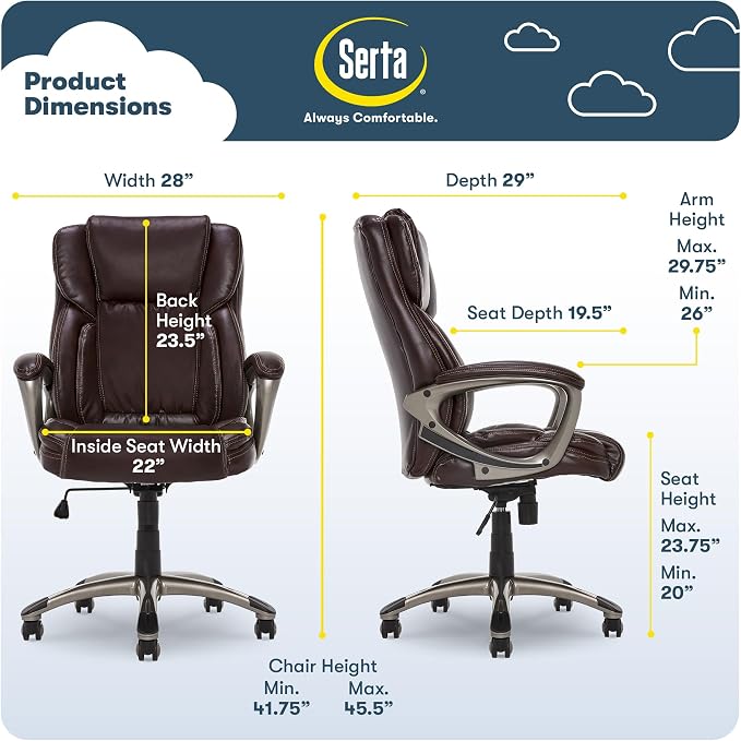 Serta Ergonomic Executive Office Chair with Lumbar Support, Leather Chair | Garret, Back Pain Relief, Foam Seat Cushion, Padded Arms, Adjustable Height and Reclining, Office Chair with Wheels, Brown - Image 2