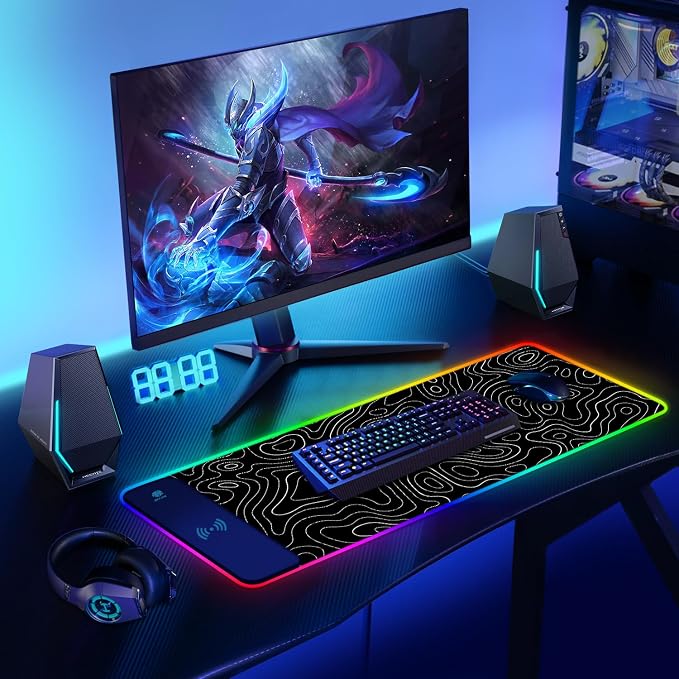 ToLuLu RGB Wireless Charging Gaming Mouse Pad, 7.5/10/15W 10 Light Modes LED Mouse Pad Computer Keyboard Mat Mousepad, 800x300x4MM Extended Large Desk Pad for Gamer, Black and White Abstract Lines - Image 8