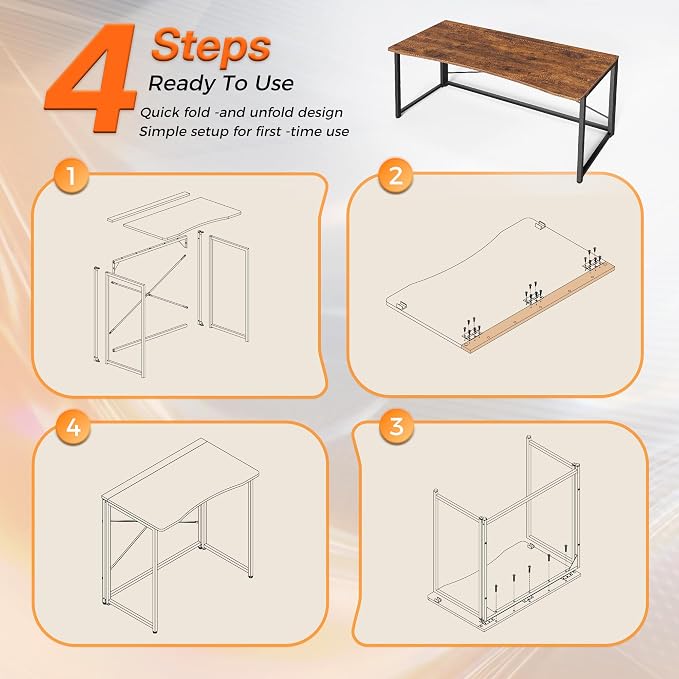 Huuger Folding Desk for Small Spaces, 47.2 Inch Foldable Computer Table | Easy Assembly, Small Writing Work Office Computer Desk, for Home Office, Study, Bedroom, Dorm, Space Saving, Rustic Brown - Image 9