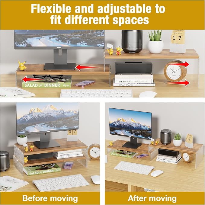 YGYQZ Adjustable Monitor Stand Riser, 7.67"×19.3" Dual Monitor Desk Stand | Adjustable Monitor Riser, Expandable Desk Organizer, 2-Tier Storage, Acrylic Legs, Ergonomic Workspace, Wood Glacial Striae - Image 8