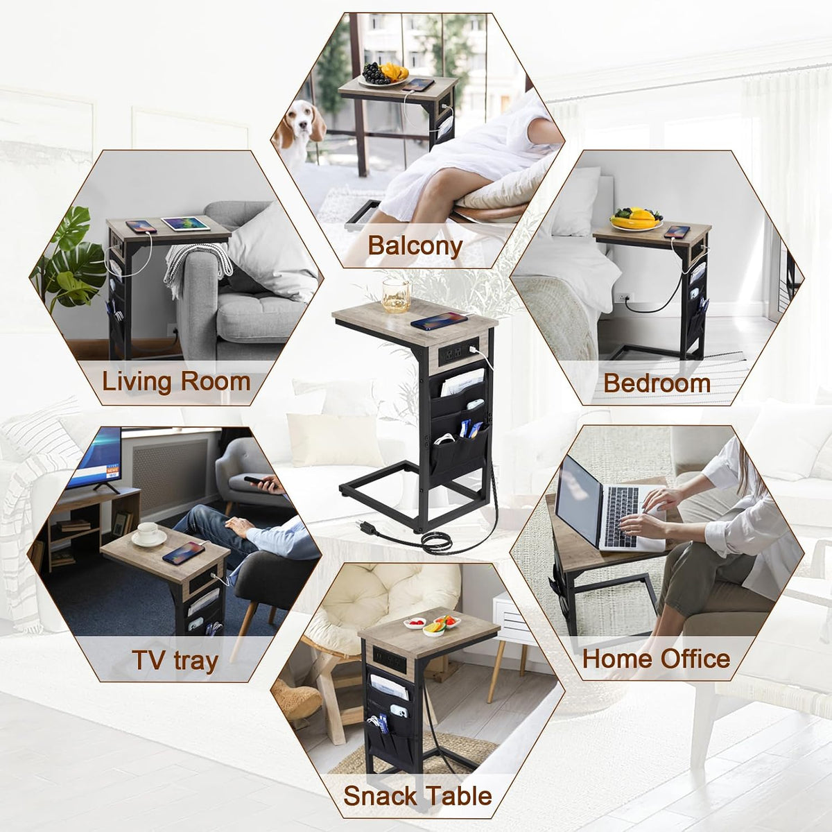 AMHANCIBLE C Shaped End Table with Charging Station, TV Tray - Image 7