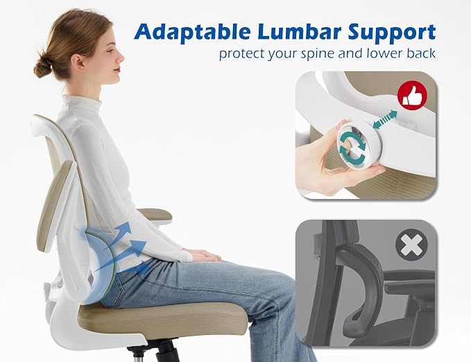 TRALT Ergonomic Office Chair Desk Chair with Adjustable Lumbar Support | Desk Chair Comfy with Flip-up Armrests Ergonomic Chair - Mesh Computer Chairs for Adults, 330lbs, PU Leather (Khaki, 1) - Image 3