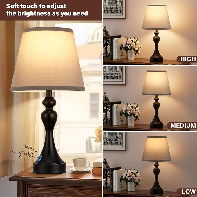 Touch Lamps for Nightstand, 3 Way Dimmable Bedside Lamps with USB C+A Ports | Touch Control, LED Bulb Included, Small Black Table Lamp for Bedroom, Night Stands, End Table, Gift，Corded，Grey Shade - Image 2