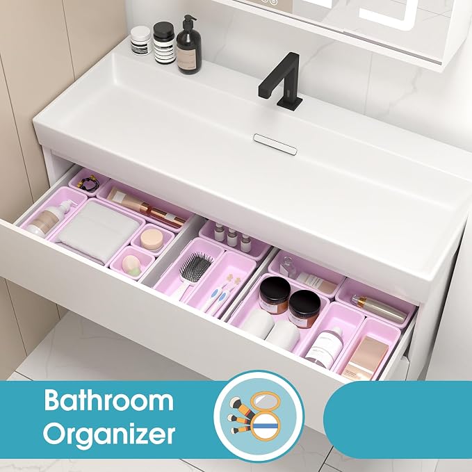 16 PCS Drawer Organizer Set, 4 Size Makeup Drawer Divider Organizer With Non-Slip Pads, Interlocking Plastic Storage Bins for Office,Jewelry Vanity,Gadgets, Bathroom,Kitchen, Purple - Image 7