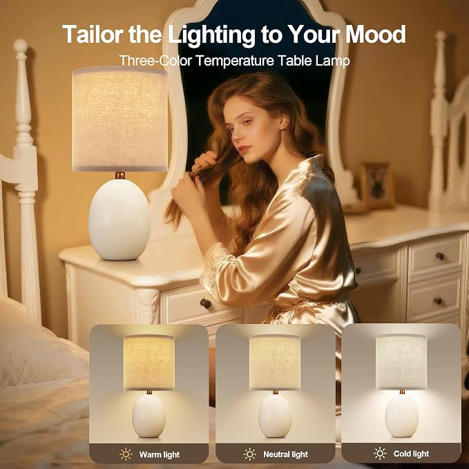 17.3" Table Lamp Set of 2 for Living Room Bedroom, Bedside Lamps for Night Stands, Desk Nightstand Lamp Dimmable, Modern Linen Cream Ceramic Lamps (White-B) - Image 2