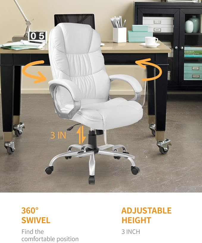 Office Chair Computer High Back Adjustable Ergonomic Desk Chair Executive PU Leather Swivel Task Chair with Armrests Lumbar Support (White) - Image 6