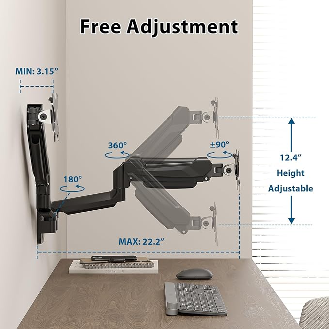 BONTEC Dual Monitor Wall Mount for 13-32 Inch Screens, VESA 75x75/100x100mm | Height Adjustable Gas Spring Arm with Tilt, Swivel & Rotate, Hold Up to 19.8 lbs, Fully Adjustable, Office & Home Use - Image 4