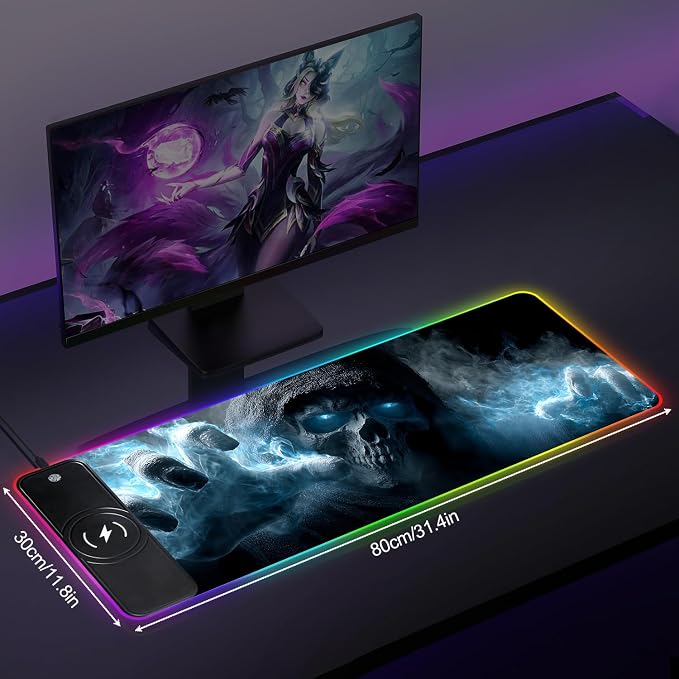 Wireless Charging RGB Gaming Mouse Pad, 31.5 x 11.8 Inch Extended Mouse Mat with Dark Skull Design, LED Desk Pad with 7 Lighting Modes, Non-Slip Base for Gaming & Office - Image 2
