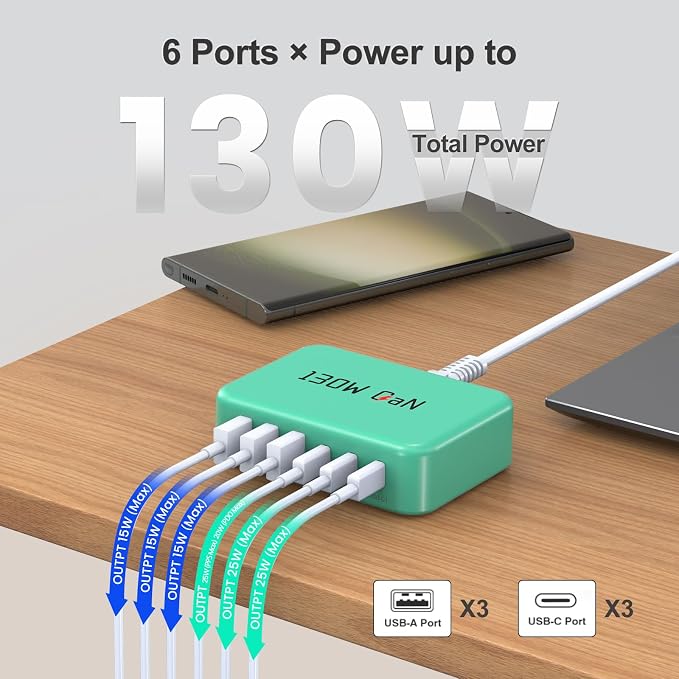 130W USB C Charger Block GaN 6 Port Fast USB C Charging Station for iPhone | Power Strip Adapter Plug for iPhone17 16 15 14 13 12 Pro Max/iPad/ iPad mini/Pro Galaxy S26/S25/S24/S23 5ft Power Cord-Blue - Image 2