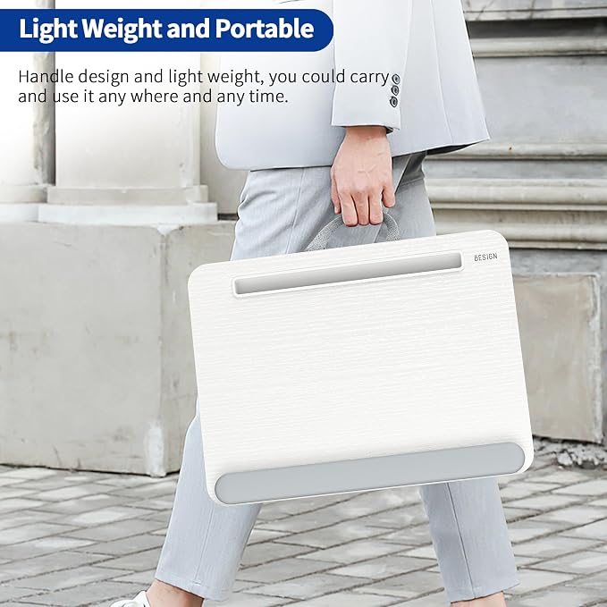Besign LT08 Laptop Stand, Portable Lap Desk with Pillow Cushion, Fits up to 14 inch Laptop, with Anti-Slip Strip for Desk, Sofa & Bed, White and Gray - Image 4