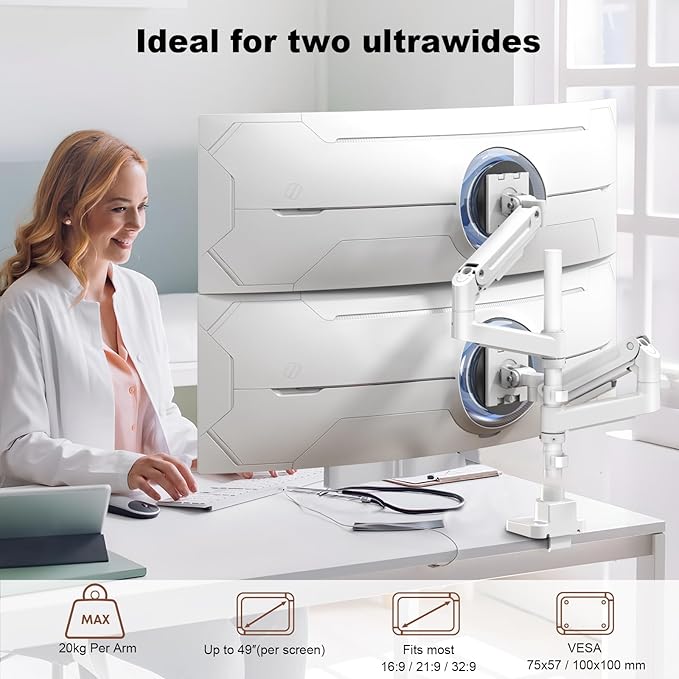 Dual Monitor-Arm Heavy-Duty for 17-49-inch Screens - Vertical Stacked Dual Monitor Mount Stand for Ultrawide Screens up to 44lbs, Aluminum,Full Motion, VESA 75/100 mm, White - Image 2