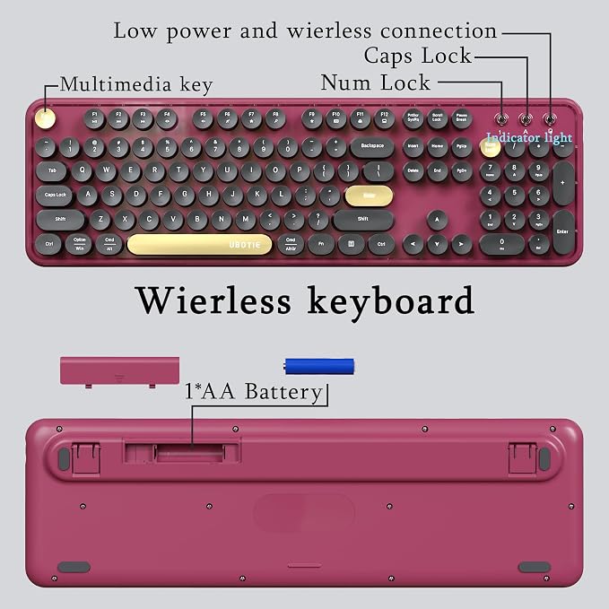 Colorful Wireless Computer Keyboards Mouse Combos (Black Claret) | UBOTIE Polychrome Round Keycaps Retro PC keyboards 2.4GHz Radio Frequency Connection With Optical Mouse Power Switch - Image 6