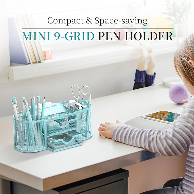 Mesh Desk Organizer, Pen Holder for Desk with 2 Drawers, Blue | Desk Organizers and Accessories with 8 Compartments and 2 Drawers, Pencil Holder for Desk for Small Office Supplies - Image 2
