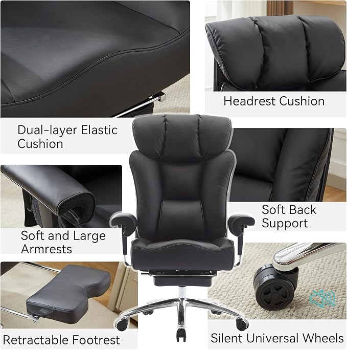 Efomao Big and Tall Executive Office Chair 450lbs,Black | 5.9" Thick Pocket Spring Cushion, Reclining Breathable PU Leather Desk Chair with Foot Rest, Soft Comfortable Support - Image 7
