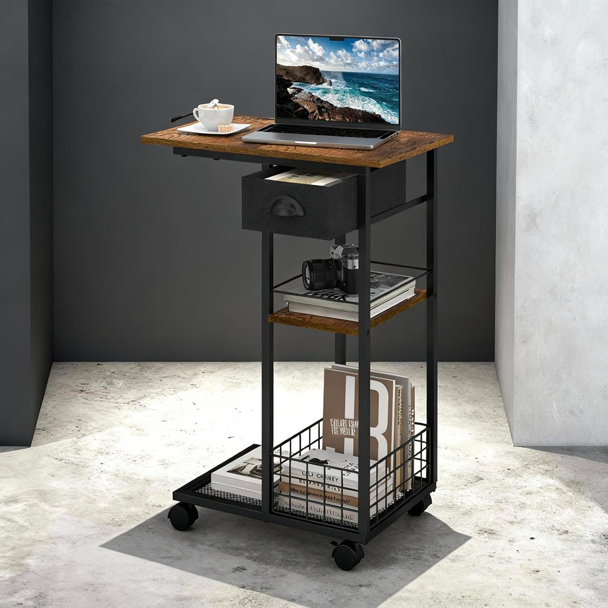 3-Tier Side Table with Wheels and 360° Rotation, C Table with Drawer, End Table for Couch, Space Saving Small Desk for Narrow Space, TV Tray, Vintage Bedside Table for Living Room, Bedroom by Hayexiha