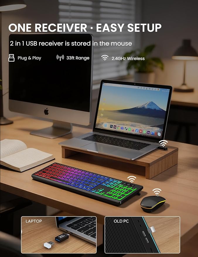 Wireless Keyboard and Mouse Combo with RGB Backlit, Rechargeable | Light Up Letters, Full-Size, Soft Typing, Sleep Mode, 2.4GHz Quiet Keyboard Set for Mac, Windows, Laptop, PC, Trueque KM42Pro - Image 3