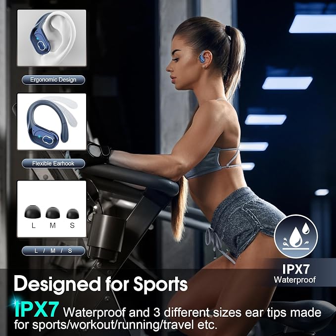 Aptkdoe Wireless Earbuds 75H Bluetooth 5.4 Sport Headphones with Earhooks | IPX7 Waterproof In-ear Buds Feature ENC Noise Cancelling Mic. Stereo Sound Device for Gym Running Workout, Royal Blue - Image 3