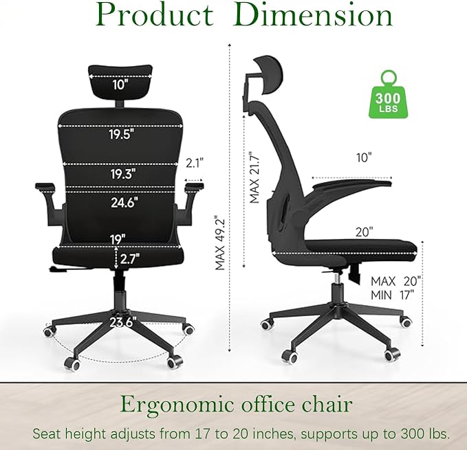 Ergonomic Office Desk Chair High Back Mesh Computer Chair Adjustable Chair | 360° Swivel Adjustable Lumbar Support & Flip-Up Armrests capacity 300 lbs capacity - Image 2