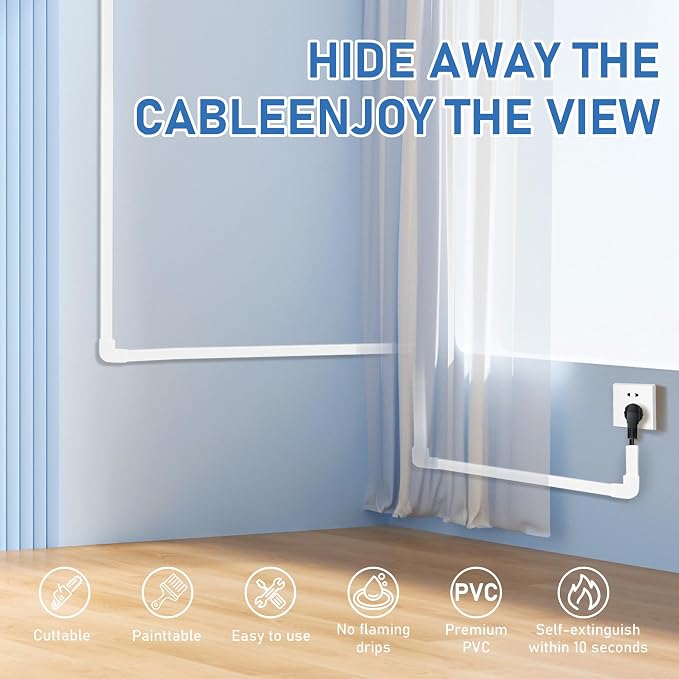125" Paintable Cable Raceway, Cord Cover for Wall Cables, White | 125-inch paintable cable raceway conceals multiple wall cords with adhesive and hardware for easy installation. - Image 6