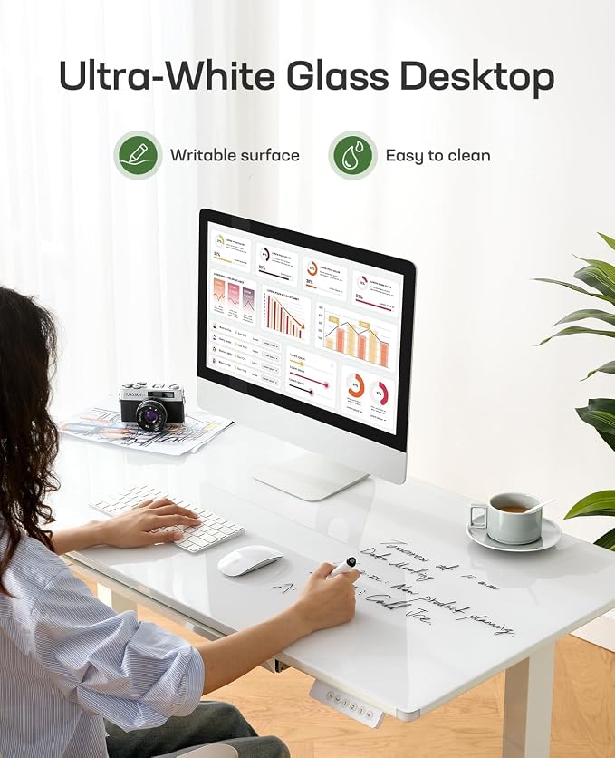 Marsail Glass Electric Standing Desk with Drawer, 40 x 24 Inches Height-Adjustable Desk, One-Piece Tempered Glass Top, Ergonomic Home Office Sit Stand Desk with 4 Preset Heights, White - Image 4