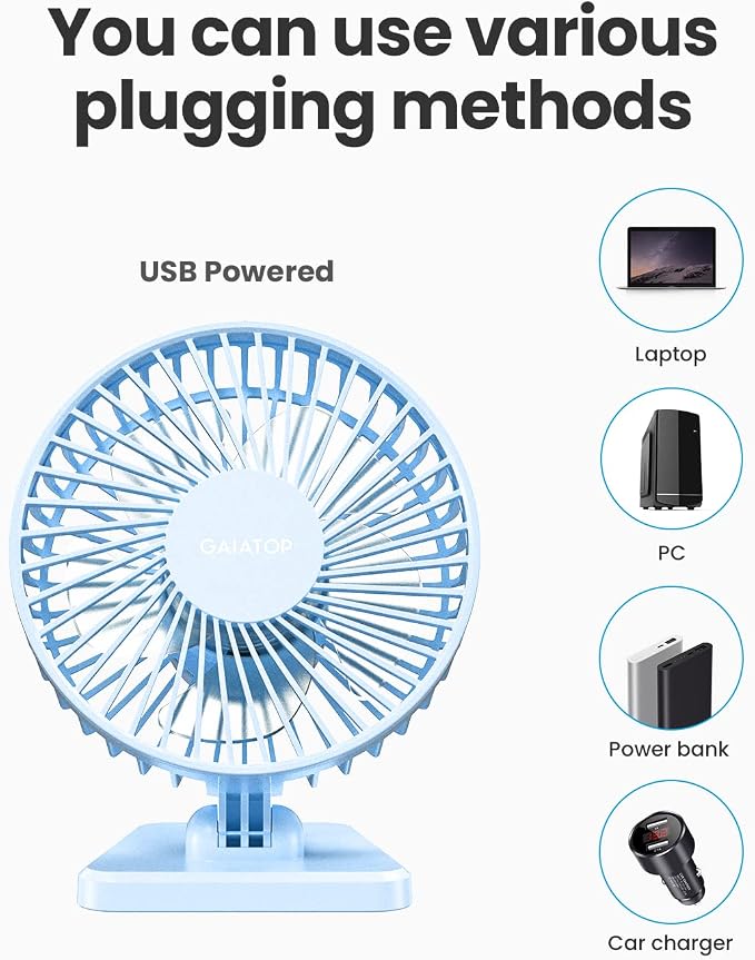 Gaiatop USB Desk Fan, Personal Portable Quiet Small Table Desktop fan | Powerful Mini 3 Speeds, Adjustable Head, for Cooling Home Office Car Summer Travel Gifts Light blue - Image 6