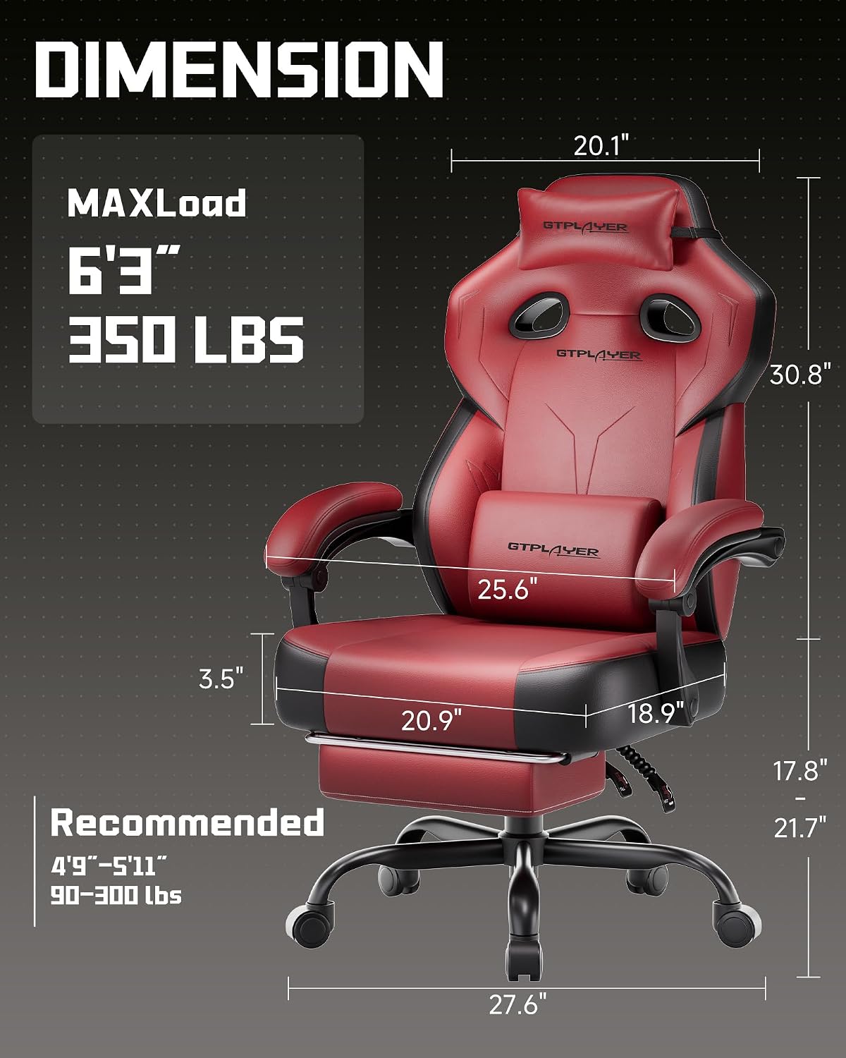 GTPLAYER Big & Tall Gaming Chair, Wide Seat with Footrest, Wine Red - Image 3