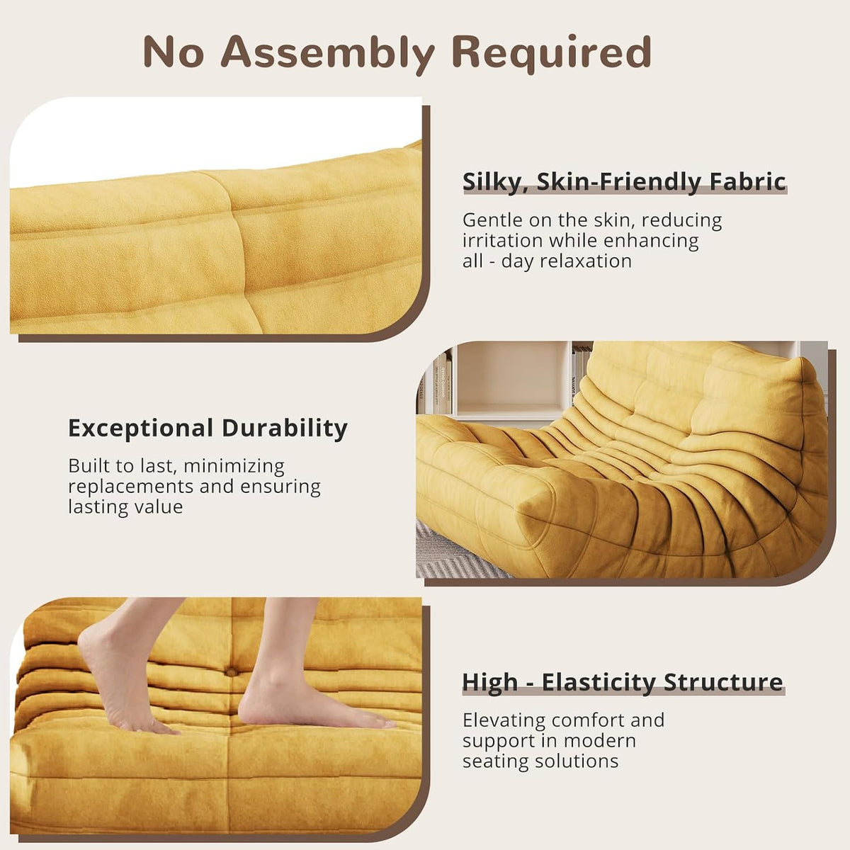 Bean Bag Chair - Corner Sofa, Fireside Chair Bean Bag Sofa Large Bean Bag Chair for Adults,Fireside Floor Couch for Living Room, Bedroom, Gaming (Yellow, Single) (Yellow, Loveseat) - Image 4