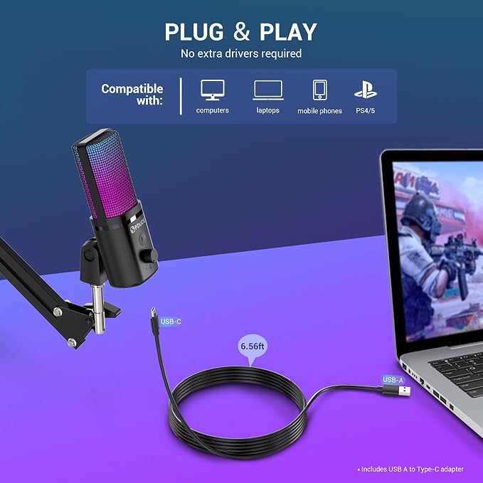 Gaming USB Microphone, RGB Condenser mic with Mute, Gain, Monitoring, Boom Arm for Streaming, Podcast, Twitch, YouTube, PC, Computer, PS5, (M160+) - Image 2