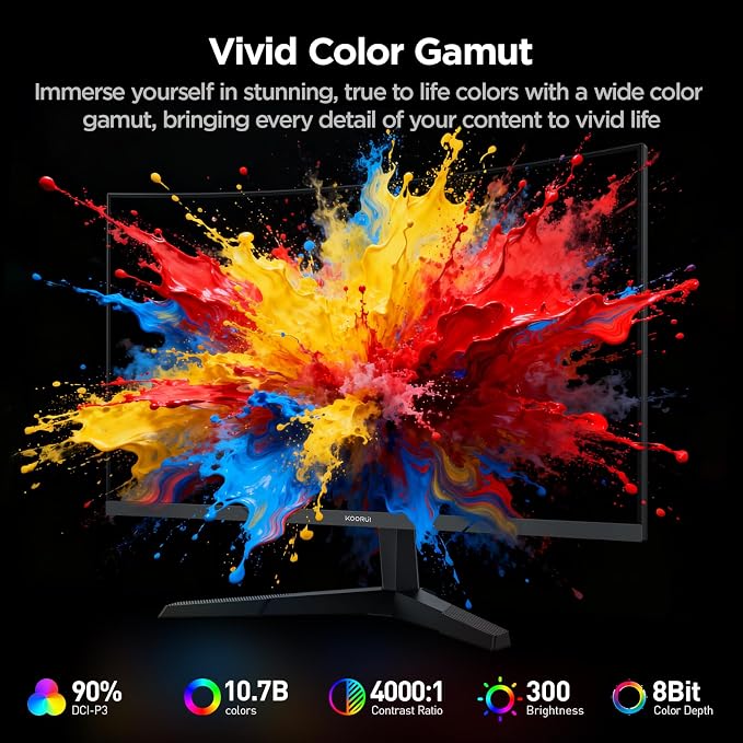 KOORUI 27 Inch Curved Gaming Monitor QHD 180Hz, 1ms 1500R VA Display | 2560×1440 Monitor, Adaptive Sync, 4000:1 Contrast, 90% DCI-P3, Eye Care, HDMI×2 and DP, VESA, FPS & Console Gaming - Image 6