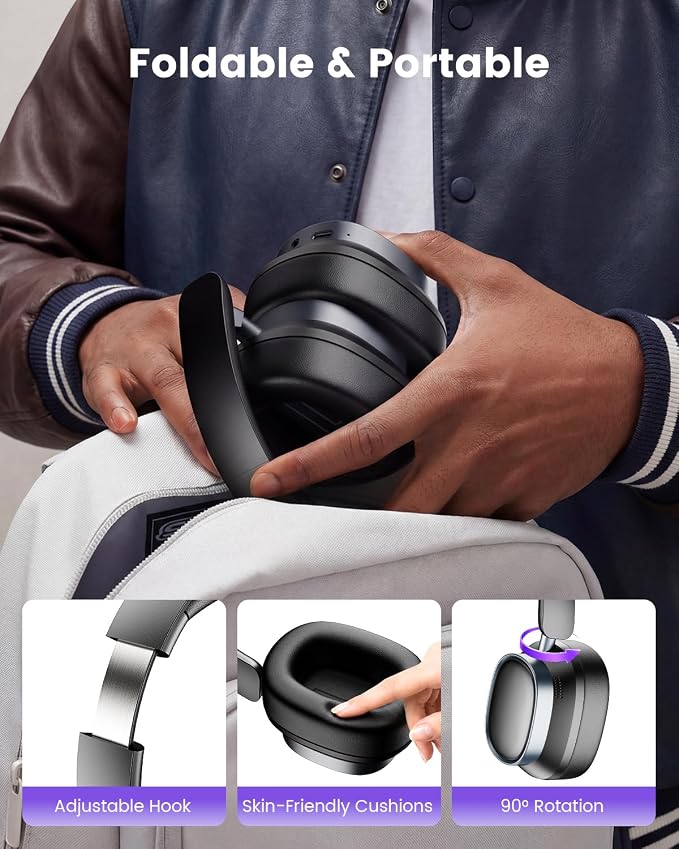 Active Noise Cancelling Headphones,78H Wireless Bluetooth Headphones,Black | Over-Ear Headset,Bluetooth 6.0,Hi-Res,Low Latency,Foldable,Built-in Microphone,Ideal for Travel,Home,Office,Cellphone,PC - Image 8