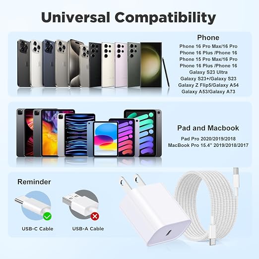 20W USB C Fast Charging for iPhone 17 Air/16/15 Pro Max,3Pack Colorful Mixed Charger Block with Braided Long USB C to C Cables (6/6/10ft) Compatible with iPhone16/15 Pro/15 Plus/iPad Pro - Image 7