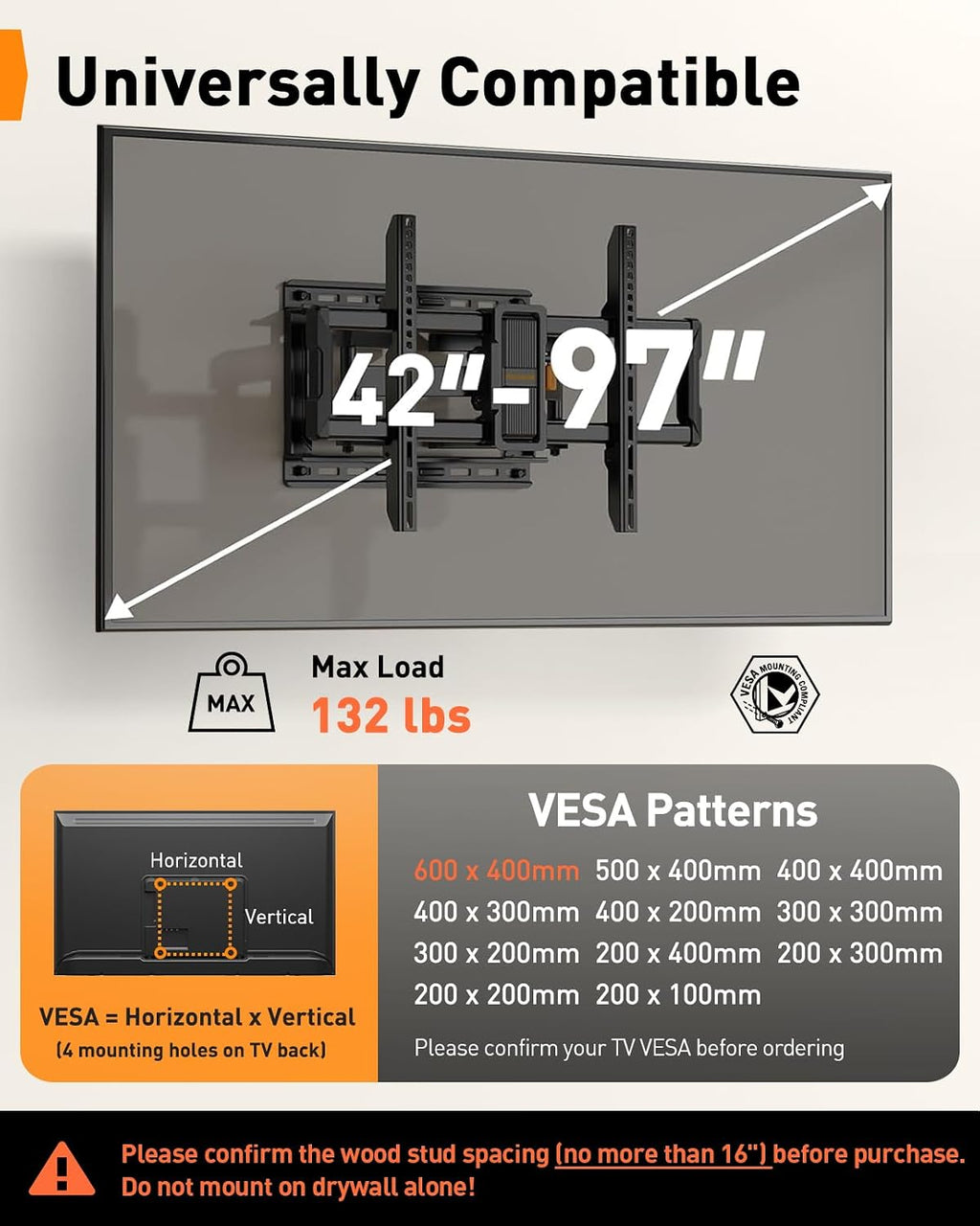 Perlegear TV Wall Mount Full Motion for 42–97 inch TVs up to 132 lbs - Image 2