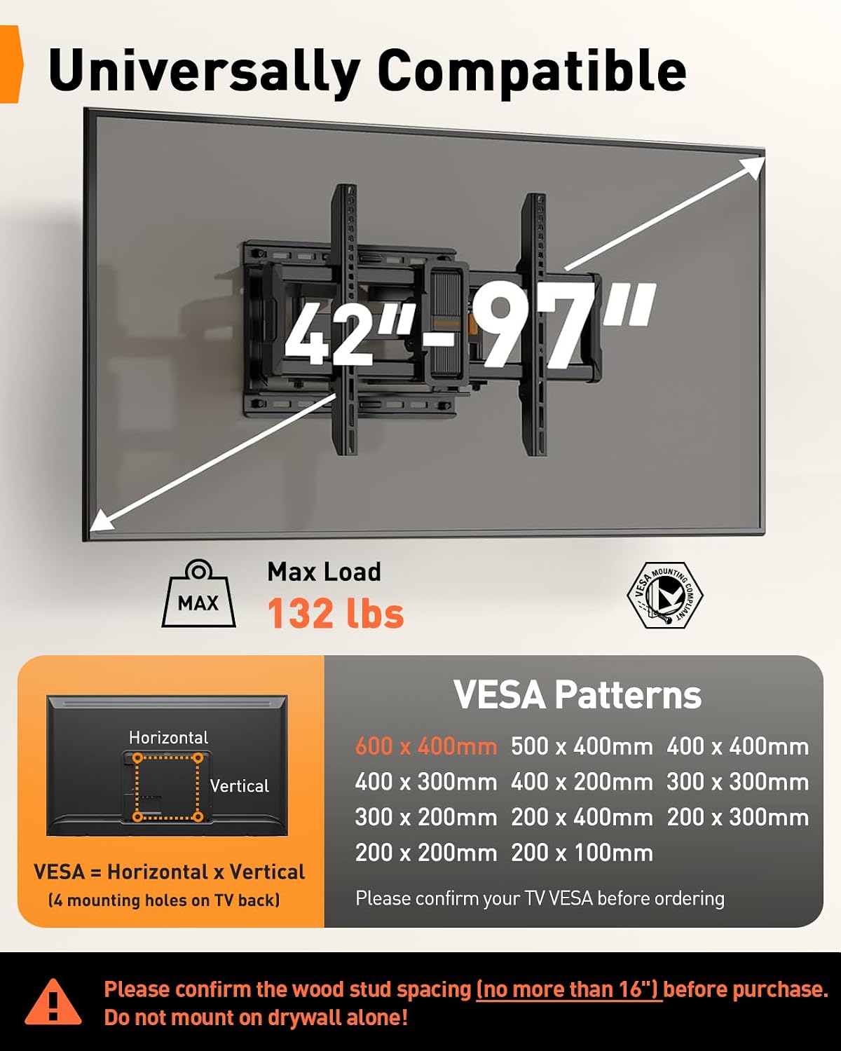 Perlegear TV Wall Mount Full Motion for 42–97 inch TVs up to 132 lbs - Image 2