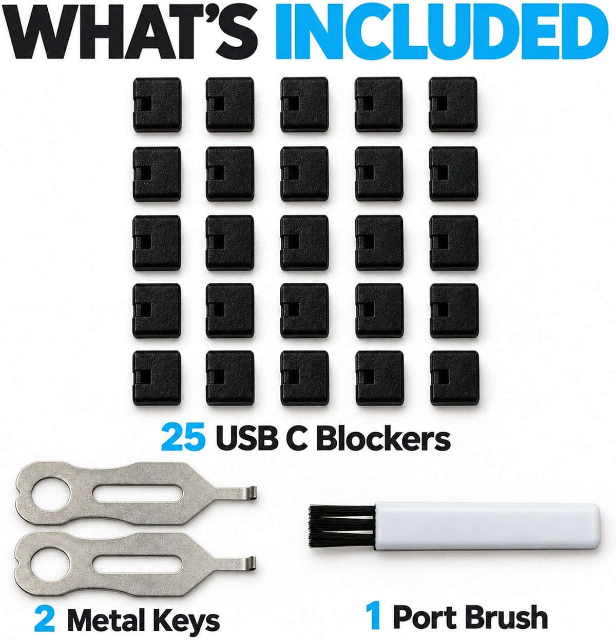 USB-C Port Blockers 25 Pack with 2 Keys, Secure Fit and Easy Removal, Black - Image 3