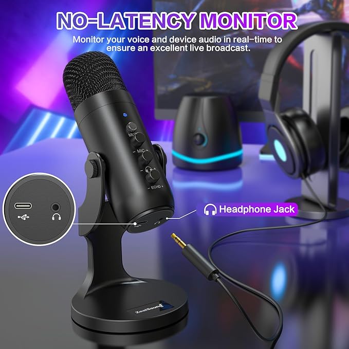 ZealSound Podcast Microphone for PC, Noise Cancellation USB Mic with Gain, Volume Adjustment & Mute Button, Monitoring & Echo, for YouTube, TikTok, Podcasting, Streaming, iPhone, iPad, Android, Mac - Image 5