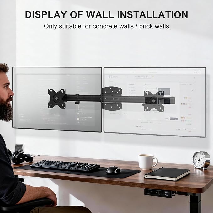 WALI Dual Monitor Wall Mount for 13-27 inch Screens, up to 22lbs | Wall Mount Monitor Arm, Horizontal Assembly, Full Motion with Tilt, Swivel, Rotation, VESA Mount 75/100mm (012ARM), Black - Image 8