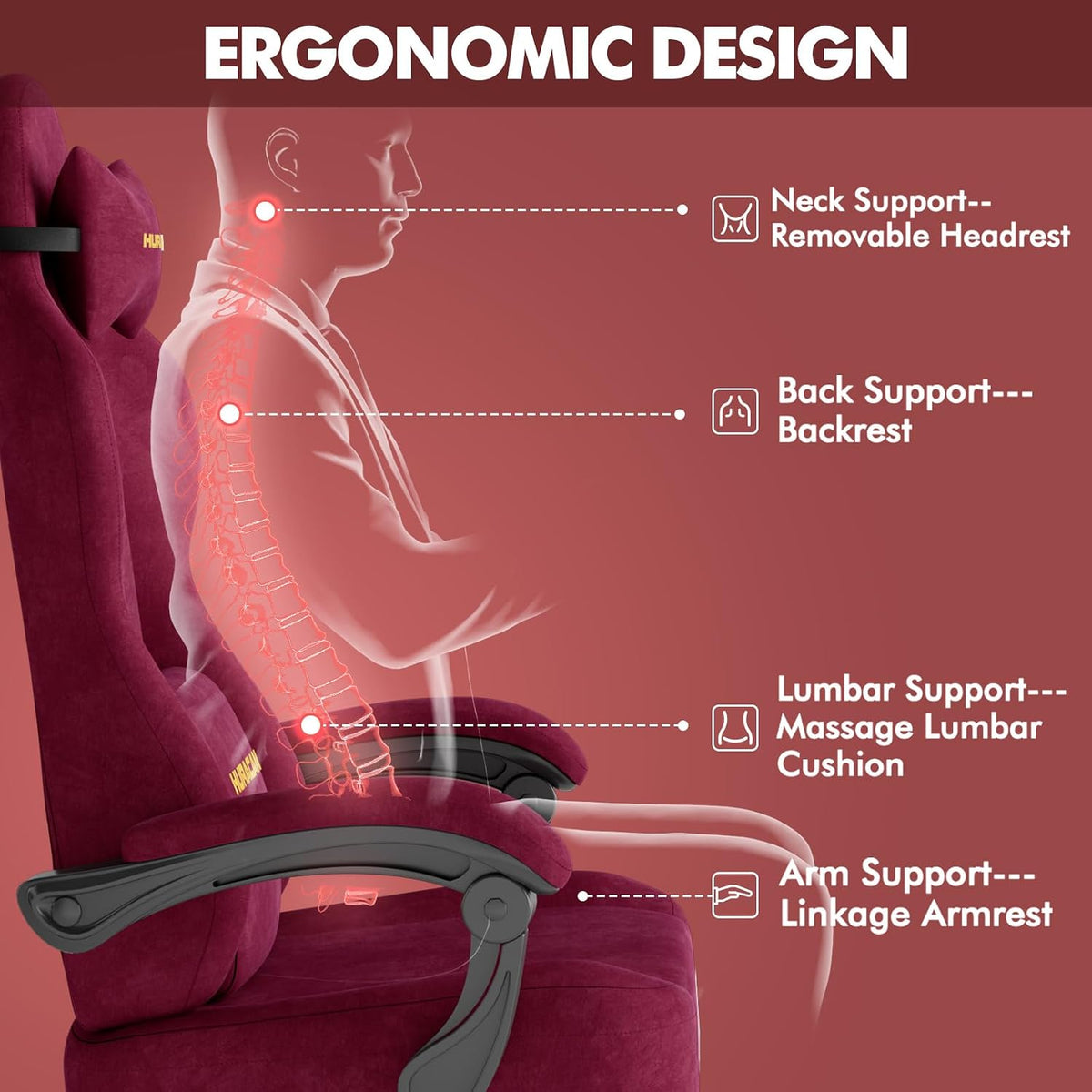 Velvet Fabric Gaming Chair - 20.5″ Wider Seat Cushion, Fire Embroidery, Ergonomic High Back Game Chair with Footrest | Computer Chair with Massage Lumbar Support for Adult, Red - Image 7