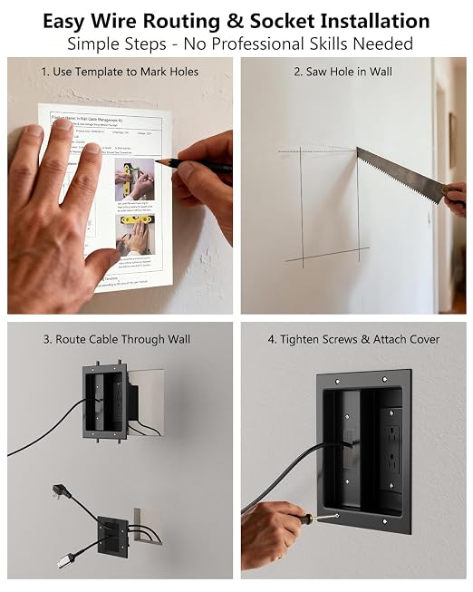 FORGING MOUNT in-Wall Cable Management Kit with Recessed Power Outlet Box,Cord Hider for Wall Mounted TV,Brush Plate,9.3ft Cord,–Easy,Safe Management for Organized TV and Home Theater Setups-Black - Image 4