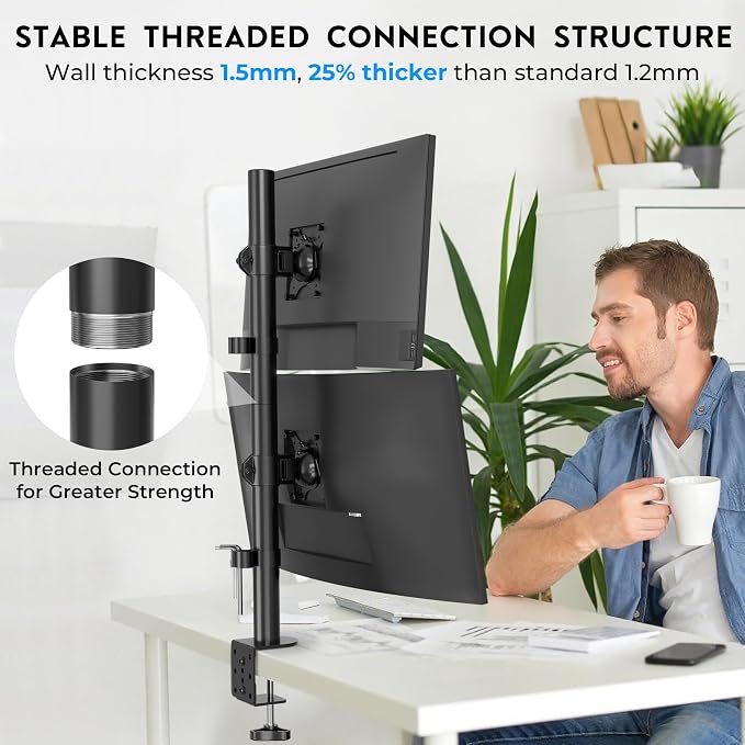 BONTEC Vertical Dual Monitor Desk Mount, 13-34", VESA 75x75/100x100mm | Full Motion Adjustability, Up to 22lbs per Arm, C Clamp and Grommet Mounting Options, Cable Management for Flexible Setup - Image 2