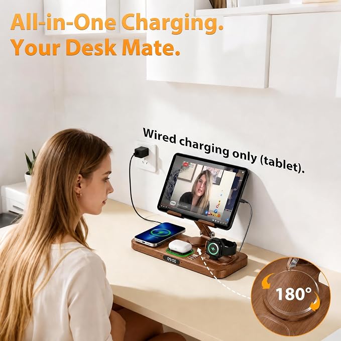 Wireless Charging Station for Apple Devices, Only for Apple Watch Charging | Included Type-C Cable for Tablet Charging, Foldable Wireless Charging Station, Cycling Ambient Lights, Time Clock Display - Image 8